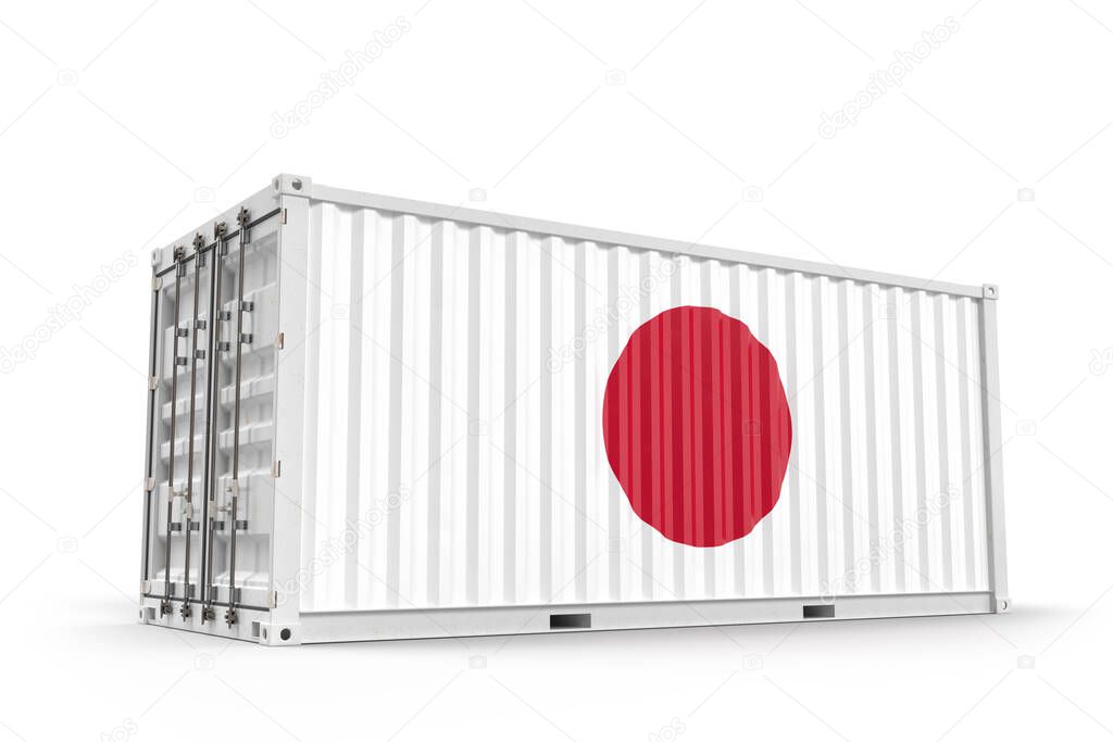 Realistic shipping cargo container textured with Flag of Japan. Isolated. 3D Rendering