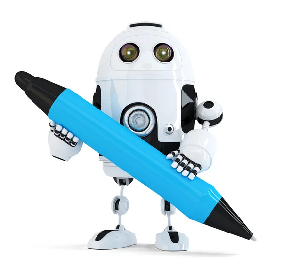 Robot with pen. Isolated on white. Contains clipping path — Stock Photo, Image