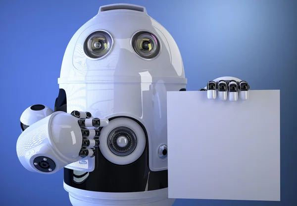 Robot in possesso di una scheda vuota per testo o pubblicità. Isolato. C — Foto Stock