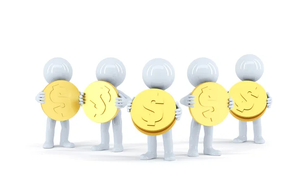 Group of 3d people with gold shiny coins. Isolated. Contains clipping path — Stockfoto