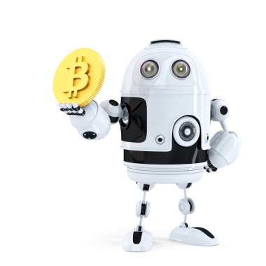 Robot Bitcoin tutarak. İzole. Kırpma yolunu içerir