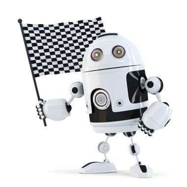 Robot sallayarak damalı bayrağı. İzole. Kırpma yolunu içerir