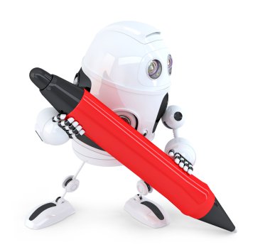 Robot kırmızı kalemle yazma. İzole. Kırpma yolunu içerir