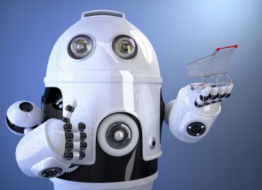 Robot holding alışveriş sepeti. Teknoloji kavramı. Kırpma yolunu içerir