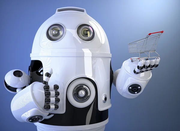 Robot holding shopping cart. Technology concept. Contains clipping path — Stock Photo, Image