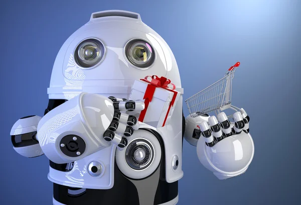 Robot met winkelwagentje met doos van de gift. Bevat uitknippad — Stockfoto