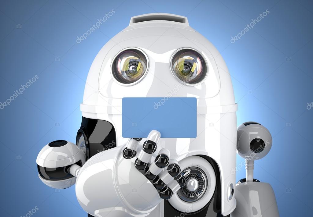 Robot's hand showing business card. Contains clipping path