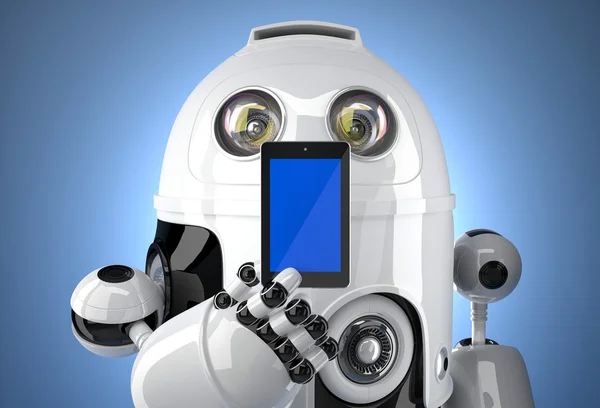 Robot with mobile phone. Contains clipping path — Stock Photo, Image
