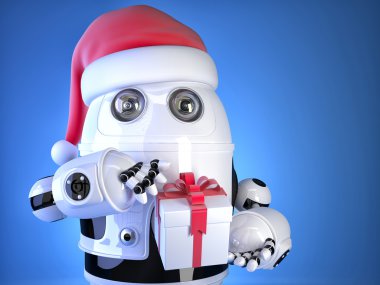 Robot Santa Noel hediye kutusu ile. Noel kavramı. İçerir