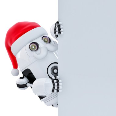Robot Noel Baba beyaz başlık işaret. İzole. Kırpma yolunu içerir