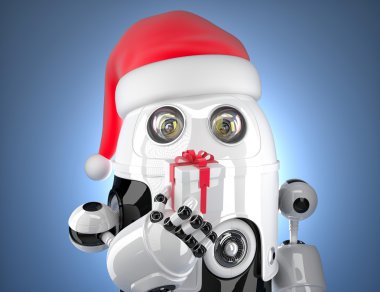 Noel Baba'nın şapka hediye kutusu holding ile şirin robot. Teknoloji kavramı