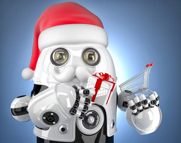 Robot Santa segurando um carrinho de compras. Conceito de Natal. Contém — Fotografia de Stock