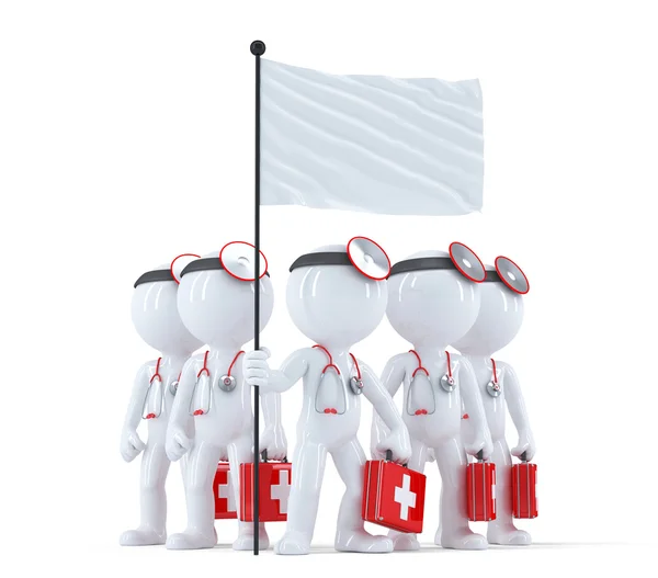 Group of doctors with blank flag. Isolated. Contains clipping path — Stock Photo, Image
