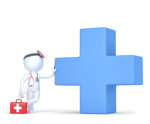 3d Doctor with blue medical cross symbol. Isolated. Contains clipping path — Stock Photo, Image