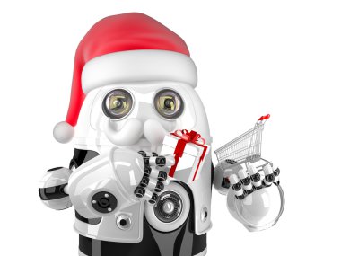 Alışveriş sepeti ve hediye kutusu ile robot Noel Baba. İzole. Kırpma yolunu içerir