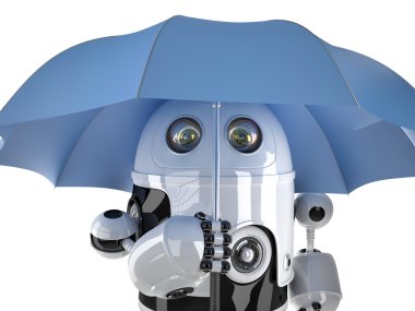 Şemsiye ile robot. Teknoloji kavramı. Kırpma yolunu içerir
