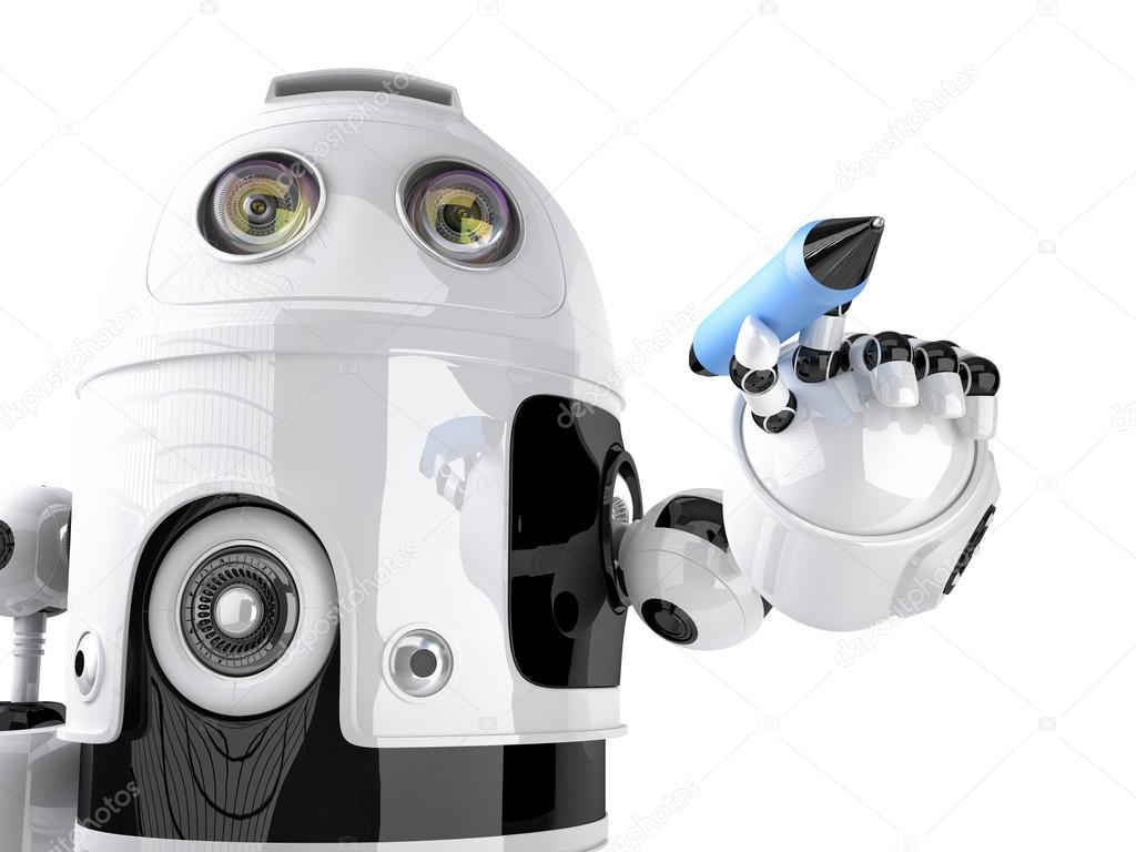 Robot writing on invisible screen. Isolated. Contains clipping path 