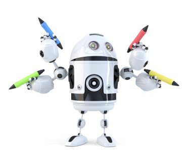 Robot kalemler ile. Çoklu görev kavramı. İzole. Kırpma yolunu içerir