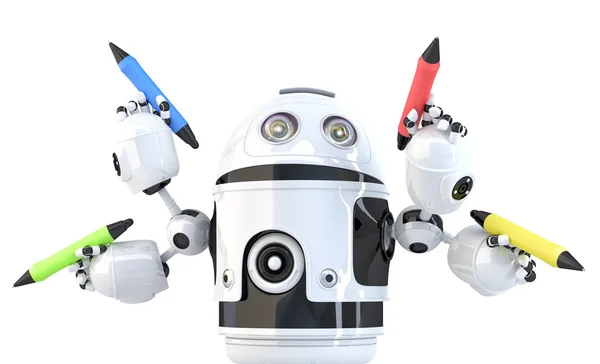 Vierarmiger Roboter mit Bleistiften. Multitasking-Konzept. Vereinzelt. enthält Schnittpfad. — Stockfoto