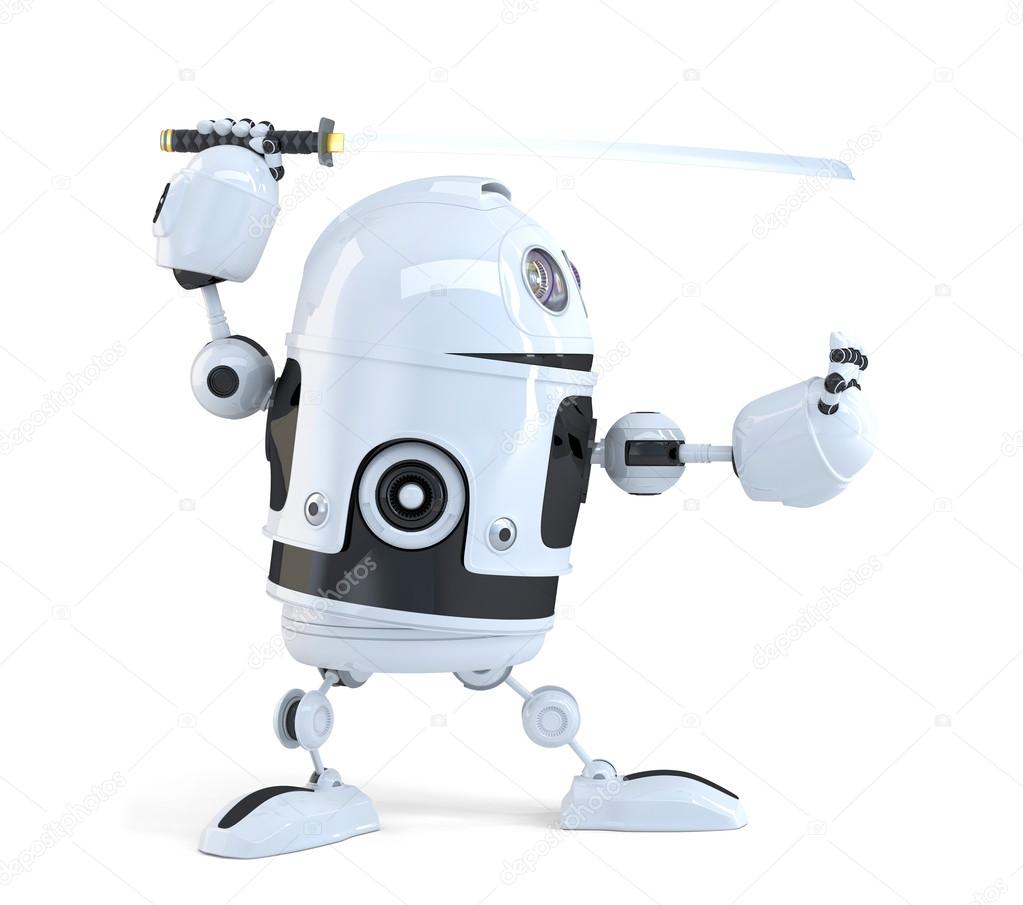 Robot with Katana sword. Technology concept. Isolated. Contains clipping path