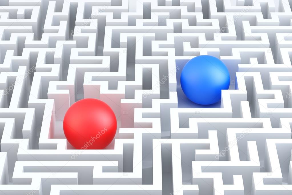 Two Spheres in a maze. Conceptual illustration.