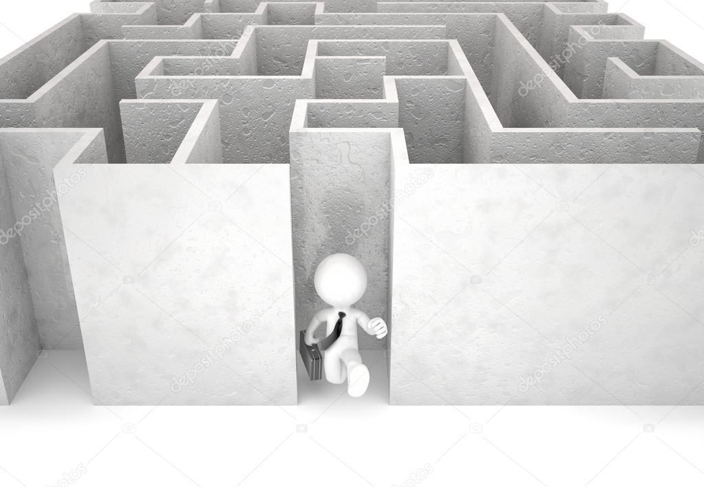 3d businessman running out of maze. Isolated. Contains clipping path