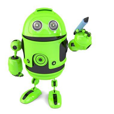 Sevimli yeşil robot bir kalemle yazma. Beyaz izole. Kırpma yolunu içerir