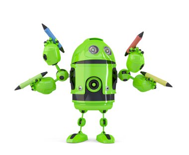 dört kollu 3d robot kalemler ile. çoklu görev kavramı. izole. kırpma yolunu içerir.