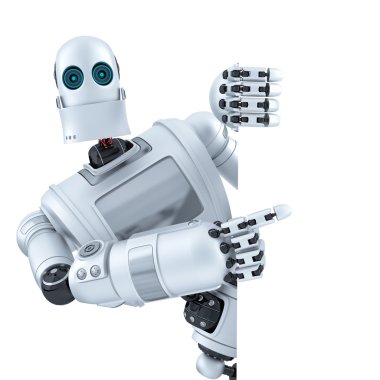 afiş işaret eden robot. izole. kırpma yolunu içerir