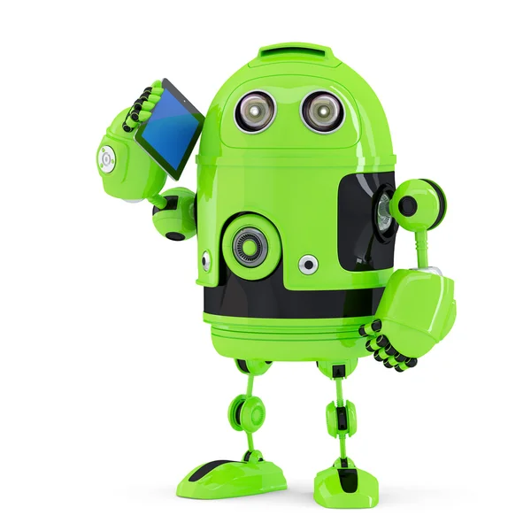 Robot with mobile phone. Isolated. Contains clipping path — Stock Photo, Image