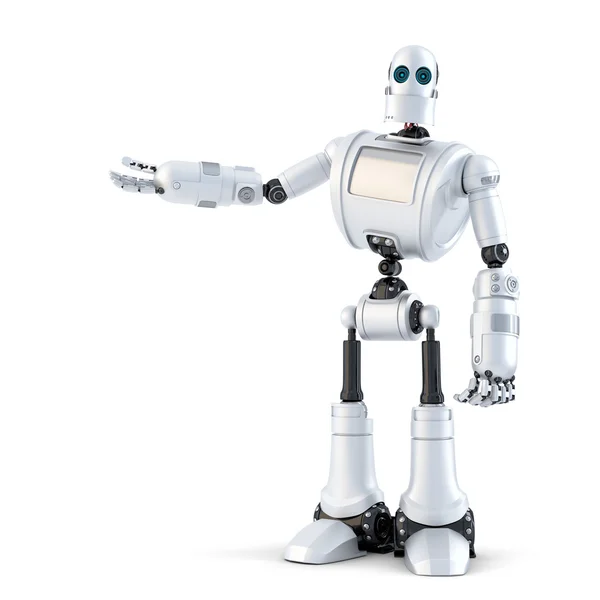Robot presenting an invisible object. Isolated. Contains clipping path — Stock Photo, Image