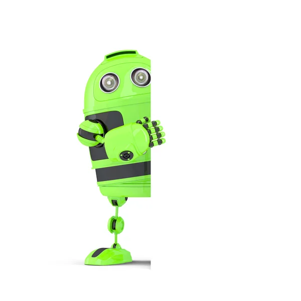 Robot standing behind blank banner. Isolated. Contains clipping path — Stock Photo, Image