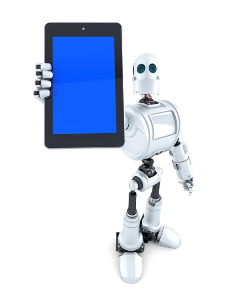 Robot showing touchscreen phone. Isolated. Contains clipping path — Stock Photo, Image