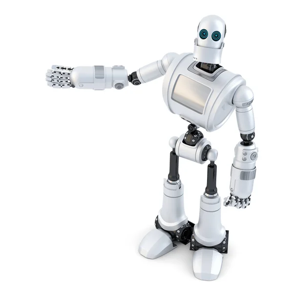 Robot showing an invisible object. Isolated. Contains clipping path — Stock Photo, Image