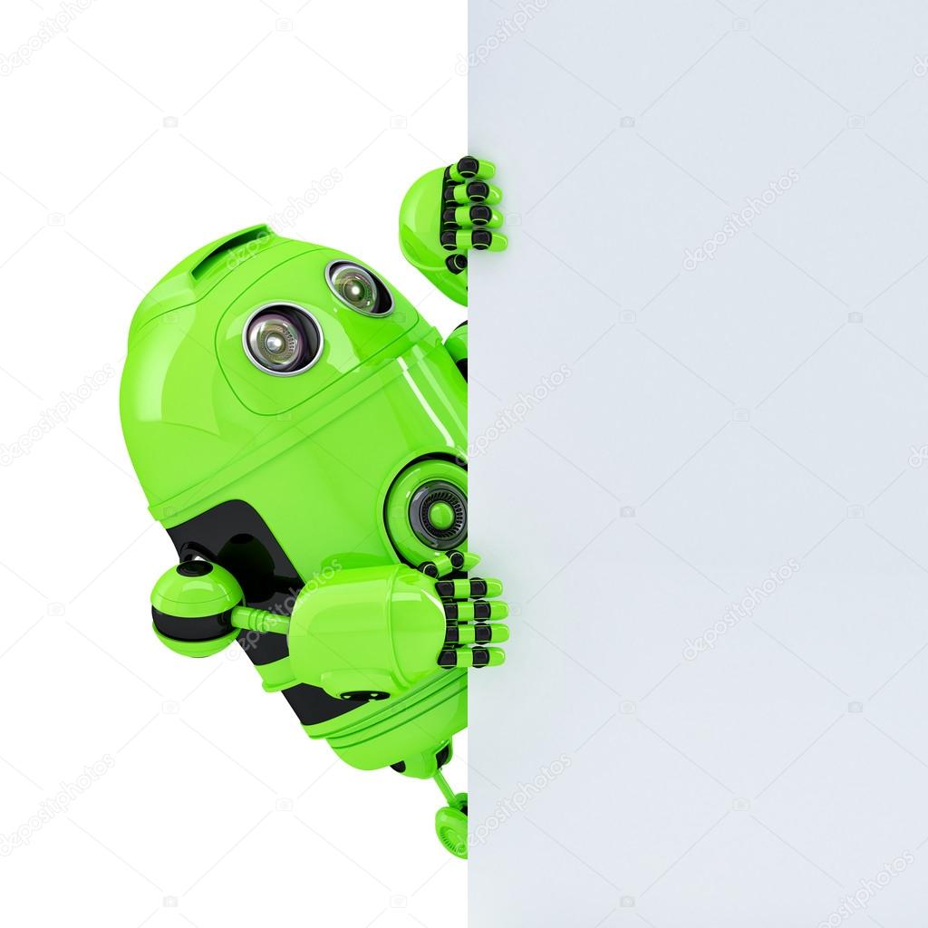 Robot holding a blank banner with copyspace. Isolated. Contains clipping path