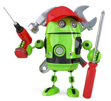 Green robot with tools. Isolated. Contains clipping path
