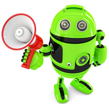Green robot shouting into bullhorn. Isolated. Contains clipping path