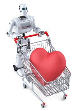 Robot with shopping cart and huge red heart in it. Isolated. Contains clipping path