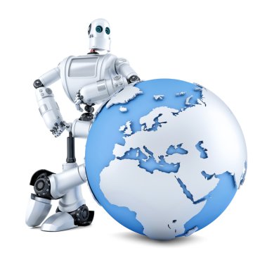 Robot with earth globe. Isolated. Contains clipping path