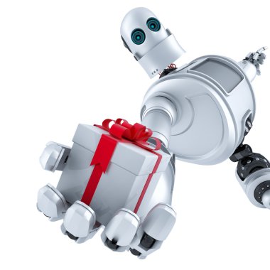 Robot giving a gift box. Isolated. Contains clipping path