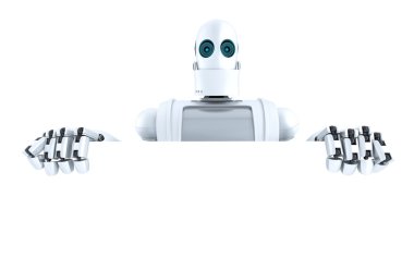 Robot holding a blank banner. Isolated. Contains clipping path