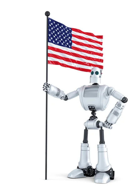 Android Robot de pie con la bandera de Estados Unidos. Aislado. Contiene ruta de recorte — Foto de Stock