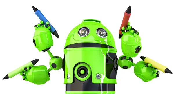 Robot verde a quattro braccia con matite. Concetto multitasking. Isolato. Contiene percorso di ritaglio. Illustrazione 3d — Foto Stock