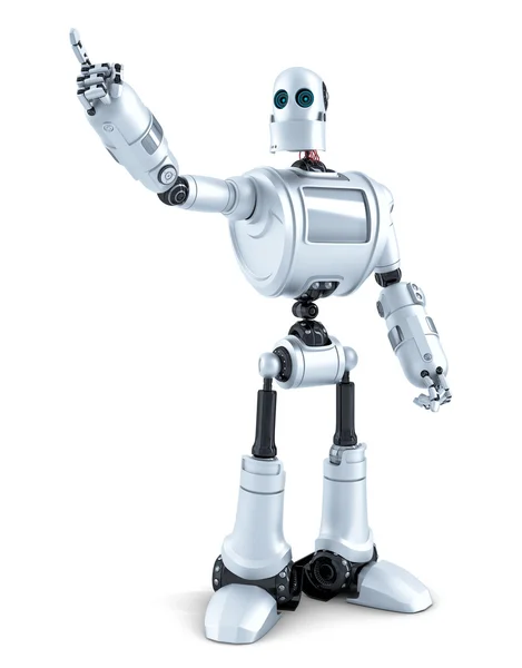 Robot pointing at invisible object. Isolated. Contains clipping path — Zdjęcie stockowe