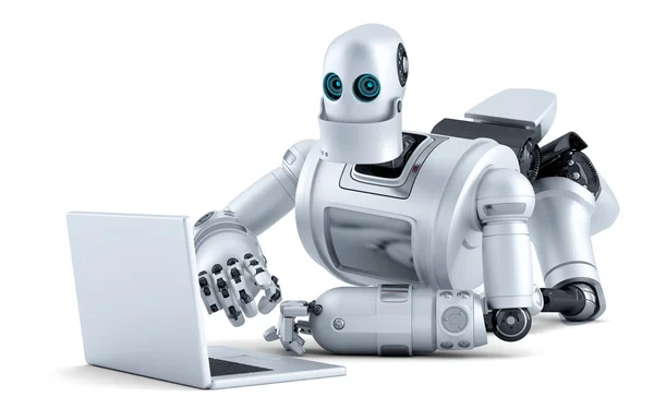 Robot laying on floor with laptop. Isolated. Contains clipping path — Zdjęcie stockowe