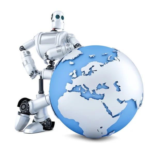 Robot with earth globe. Isolated. Contains clipping path — Stok fotoğraf