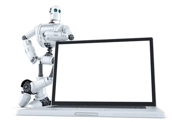 Roboter mit leerem Bildschirm-Laptop. Vereinzelt. enthält Schnittpfad — Stockfoto