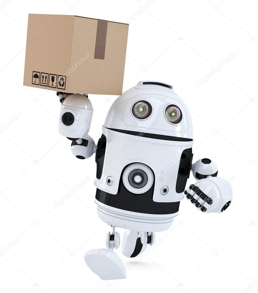 Robot on a hurry delivering package. Isolated. Contains clipping path