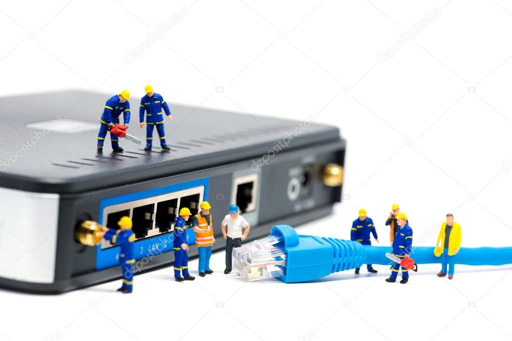 Technicians connecting network cable. Network connection concept