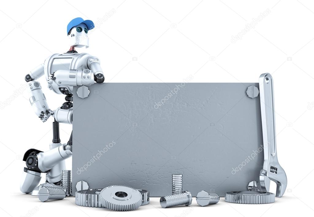 Robot with blank metallic banner. Isolated. Contains clipping path